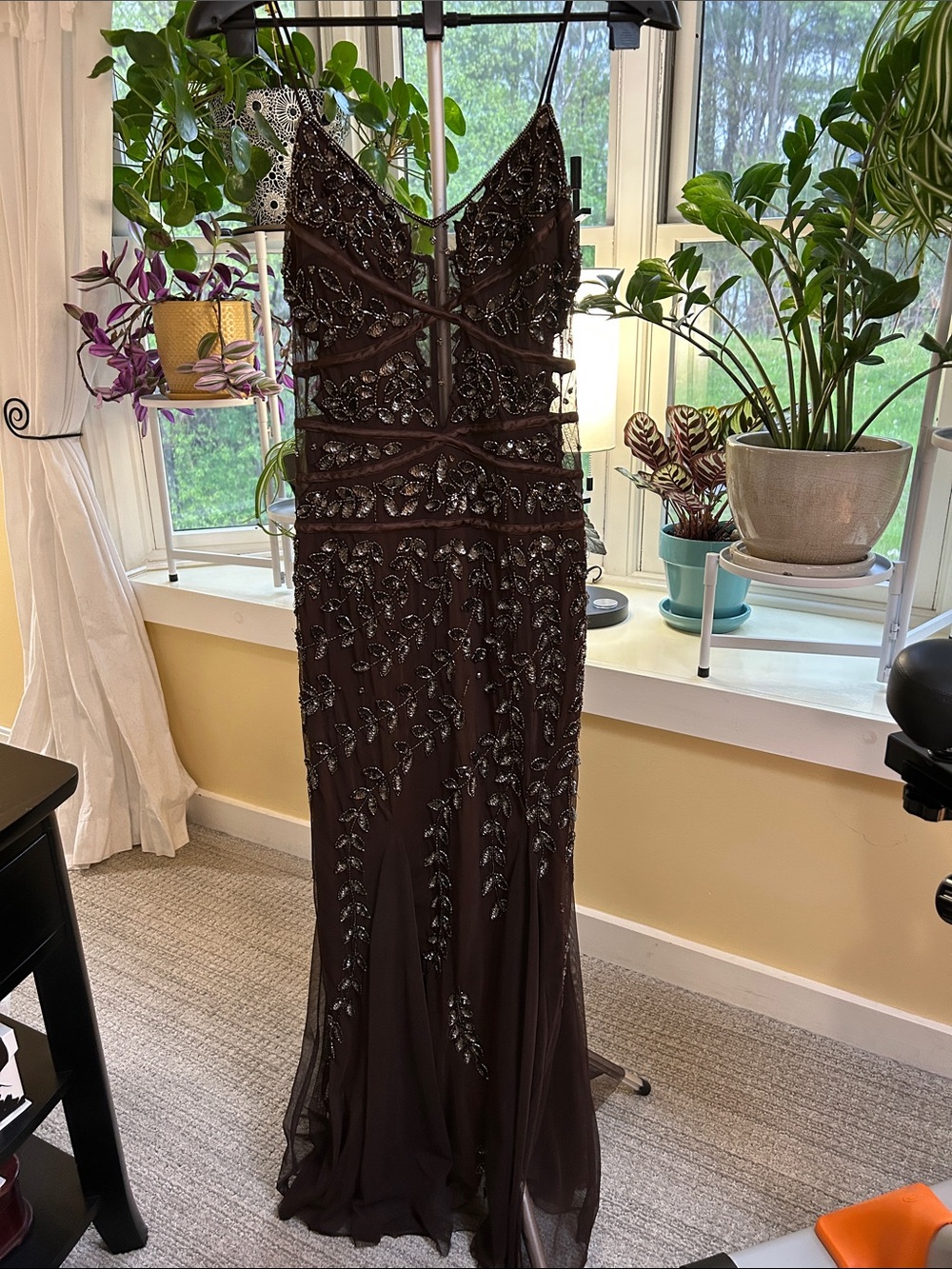Beaded Chocolate Brown Evening Gown with V-Neck